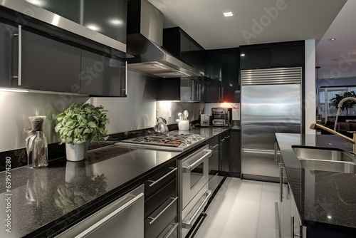 A sleek kitchen with stainless steel appliances and black countertops. Generative AI