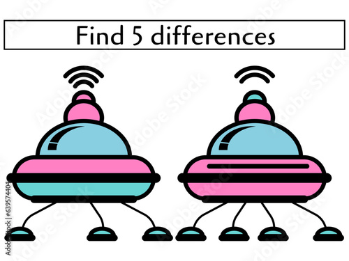 Find 5 differences in cartoon UFO ships, educational page for preschoolers