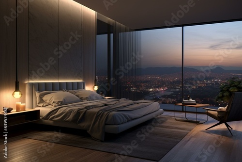 Intelligent bedroom with responsive lighting and shades adjusting to time/weather, featuring automation technology. Generative AI
