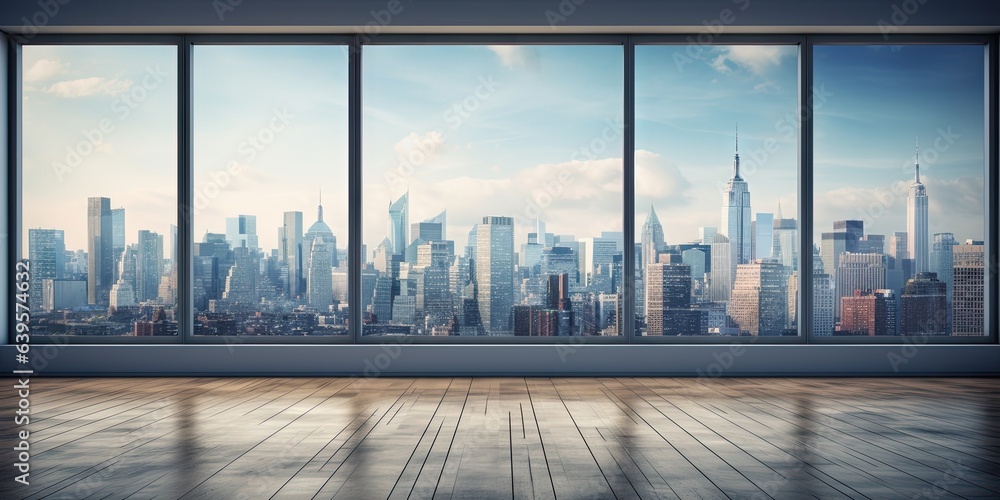 Fototapeta premium Cityscape elegance. Contemporary office. Room window with skyline view. Sleek skyscraper interiors. Bright city office perspective. Downtown luxury