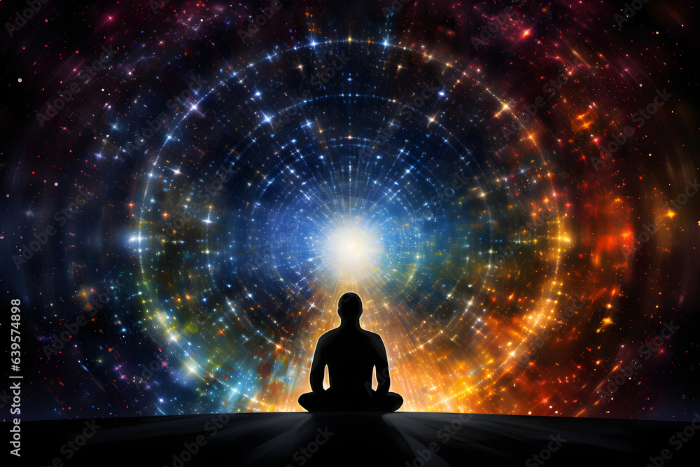 Fototapeta premium Silhouette of a man deep in meditation, seated before vibrant and illuminated circles of light and color. This image represents cosmic energy, chakra alignment, meditation, relaxation, and evolution