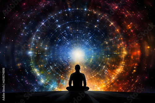 Silhouette of a man deep in meditation, seated before vibrant and illuminated circles of light and color. This image represents cosmic energy, chakra alignment, meditation, relaxation, and evolution