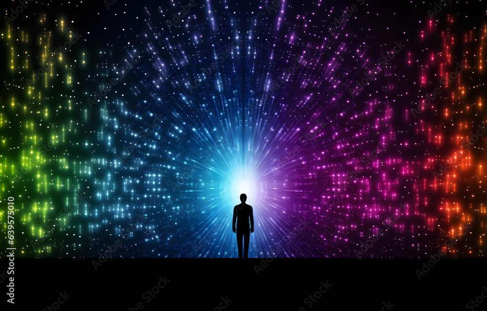 Male silhouette in front of a bursting colors illumination, energy expansion, information connection network. Male silhouette in front of a bursting colors illumination, energy expansion, information connection network.