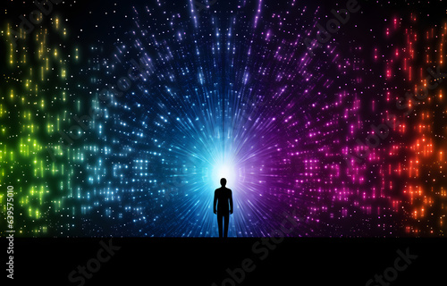 Male silhouette in front of a bursting colors illumination, energy expansion, information connection network.
