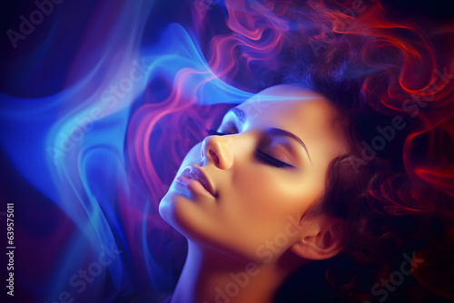Portrait of a woman with her eyes closed in a dream state, representing lucid dreaming, energy healing.