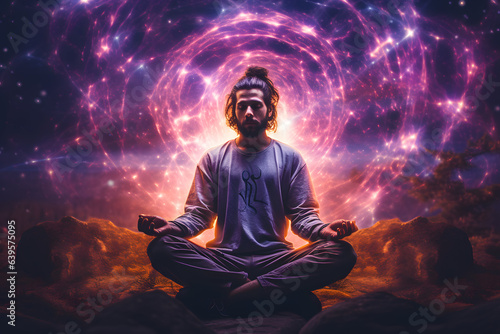 An image depicts a man meditating alone in the midst of an astral and spectral environment. This scene captures his serene connection with a surreal and otherworldly realm.