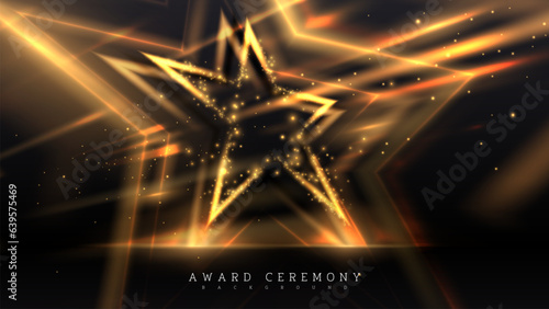 Star gold light frame with spotlight effect decorations and bokeh on dark scene. Black luxury background. Award ceremony stage.