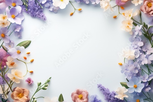 Frame with colorful flowers on clear white background. Greeting card design for holiday, Mother\'s day, Easter, Valentine day. Springtime composition with copy space. Flat lay, top view