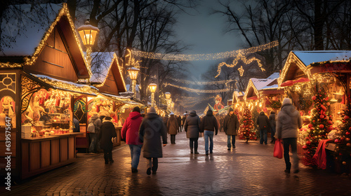 An outdoor Christmas market bustles with stalls selling crafts and treats. The photography captures the colorful array of goods and the joyful expressions of visitors. © CanvasPixelDreams