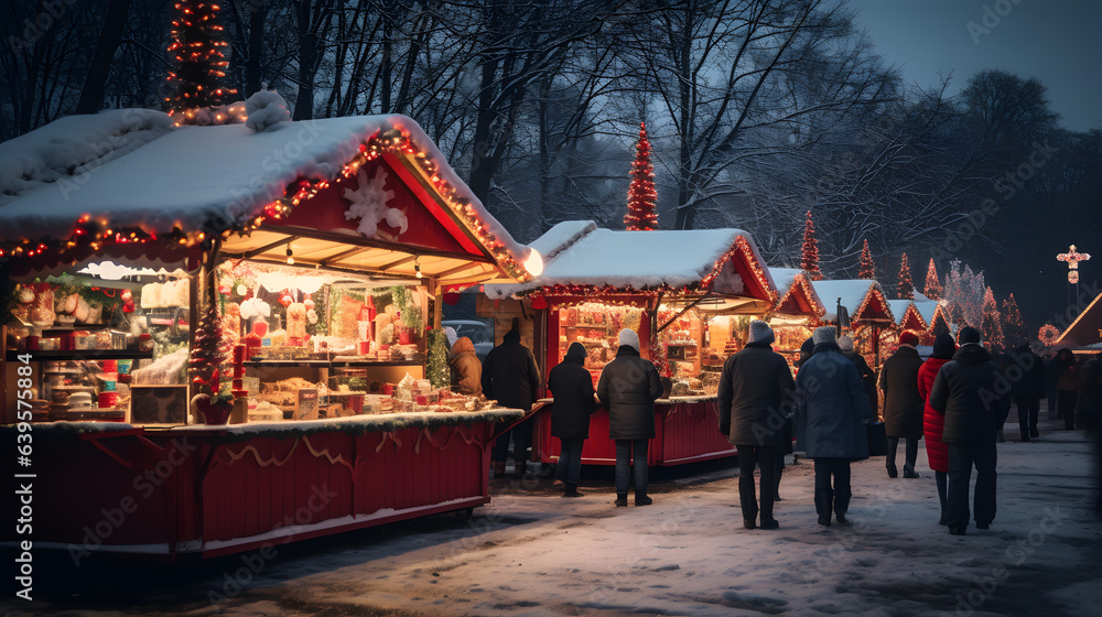 An outdoor Christmas market bustles with stalls selling crafts and treats. The photography captures the colorful array of goods and the joyful expressions of visitors.