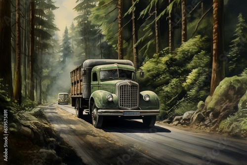 Truck maneuvering through winding forest road. Generative AI