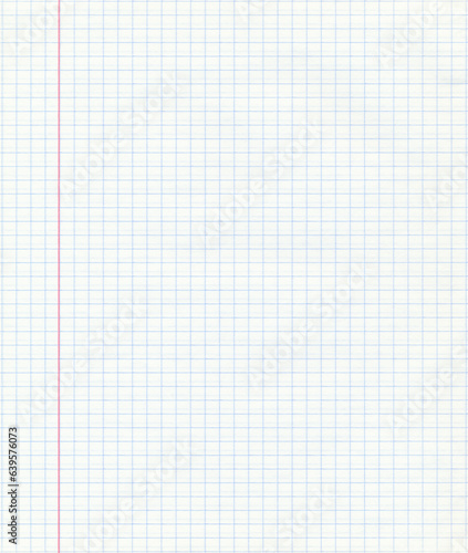 Checkered sheet of paper from a notebook with a red stripe. Grid on white background. Technical architect blank. Square geometric design elements.