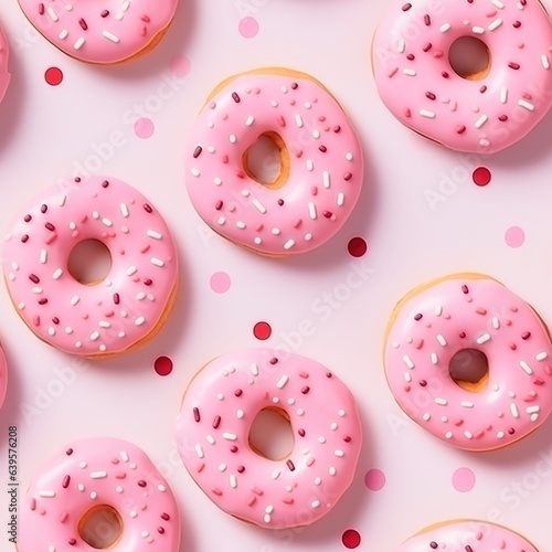 Donuts seamless pattern with icing on pastel pink background. Sprinkled sweet and colourful glazed doughnut. Flat lay. Vertical food concept