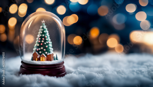 Decorazioni natalizie, casetta e albero di Natale sotto la palla di vetro