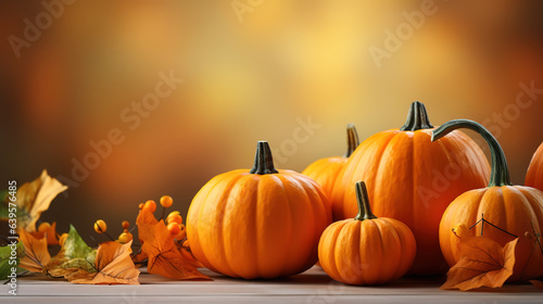 Autumn fall thanksgiving day composition with decorative orange pumpkins. Generative Ai