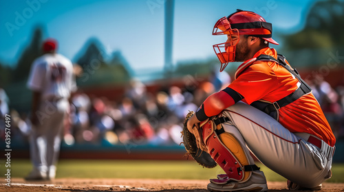 Portrait of professional male baseball catcher, man wearing gear and uniform. Baseball player in action