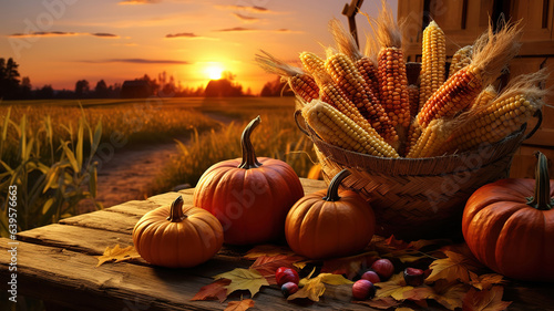 Basket Of Pumpkins, Apples And Corn On Harvest Table in Barn With Open Door. Generative Ai