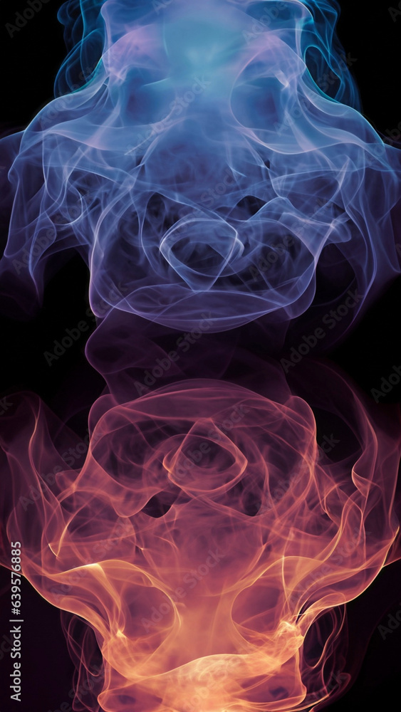 Fototapeta premium Color smoke abstract background. Cold and hot contrast. Defocused blue red contrast. Vapor floating cloud texture. Generative AI