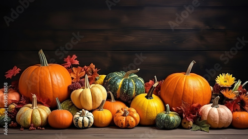 Pumpkins and autumn fruits  vegetables and berries on wooden table. Generative Ai
