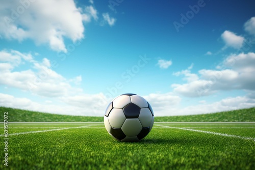 3D illustration of soccer field with football ball and soccer goal. Generative AI © William