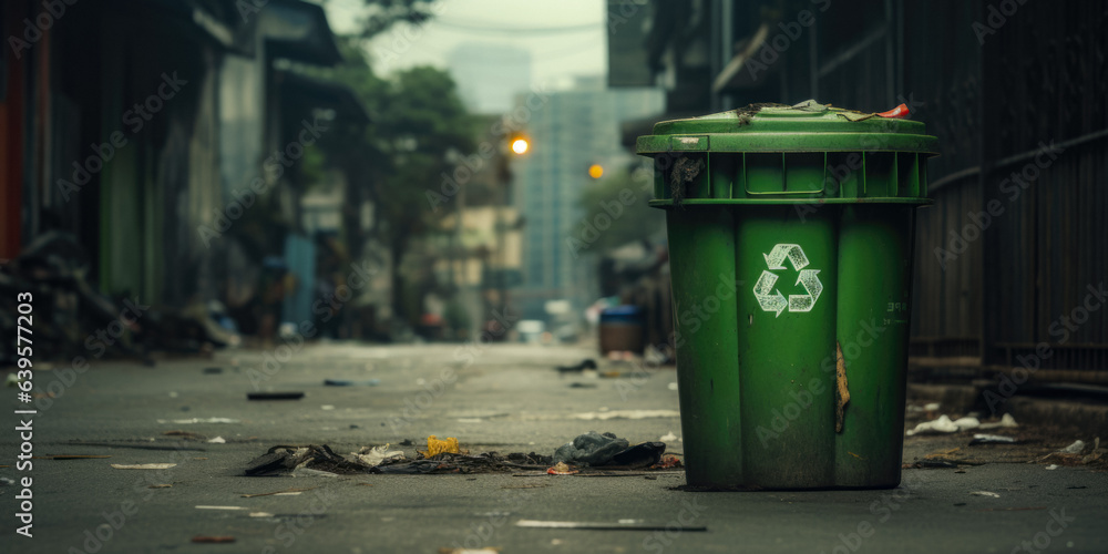 Green Trash Can For Recycling In The Middle Of A Dirty Street Created With Artificial Intelligence Green Trash Can For Recycling In The Middle Of A Dirty Street Created With Artificial Intelligence