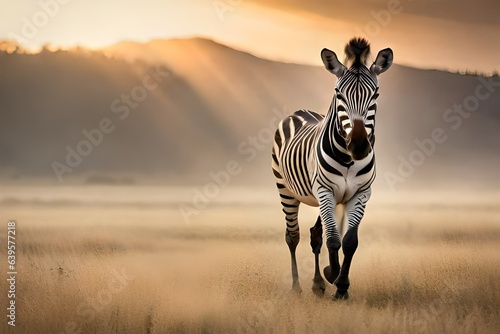 zebra at sunset in field  
