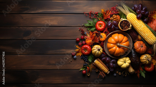 Thanksgiving day still life composition background with festive dishes. Generative Ai