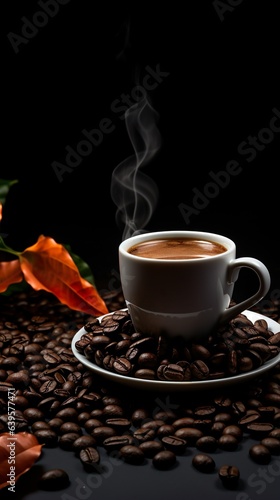 Coffee cup and beans with coffee steams on wooden table close up