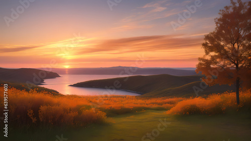 Beautiful Valley with lake landscape during sunset with orange-red mixed sky © eraStocks 