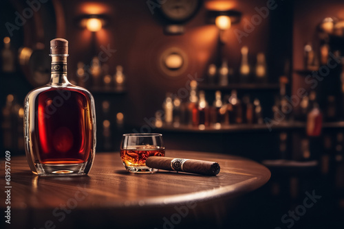 Glass of whiskey with ice plus cigar