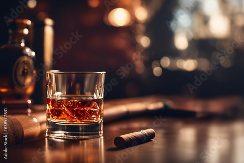 Bicchiere di wisky e sigaro su un tavolo di un bar