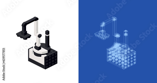 Concept with industrial robot loader in isometric style for print and decoration. Vector illustration.