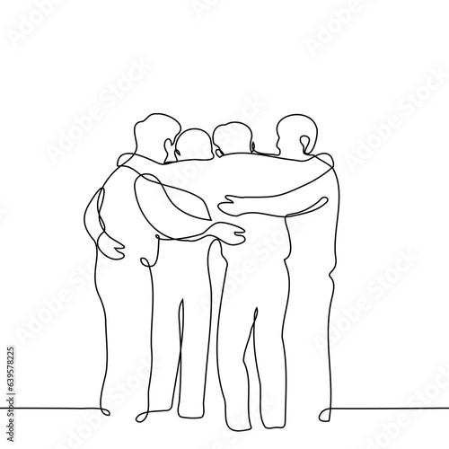 full length crowd of people standing and hugging - one line art vector. concept group of friends, team bidding