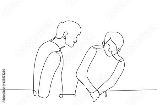 man stands bowed over another who is ashamed or scared - one line art vector. concept domination, intimidation, threat, bullying