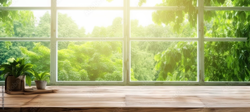 Nature glimpse. Sunlit window view with wooden table in old house. Vintage charm. Rustic serenity. Sunshine and greenery. Tranquil backdrop. Elegance in simplicity Nature glimpse. Sunlit window view with wooden table in old house. Vintage charm. Rustic serenity. Sunshine and greenery. Tranquil backdrop. Elegance in simplicity