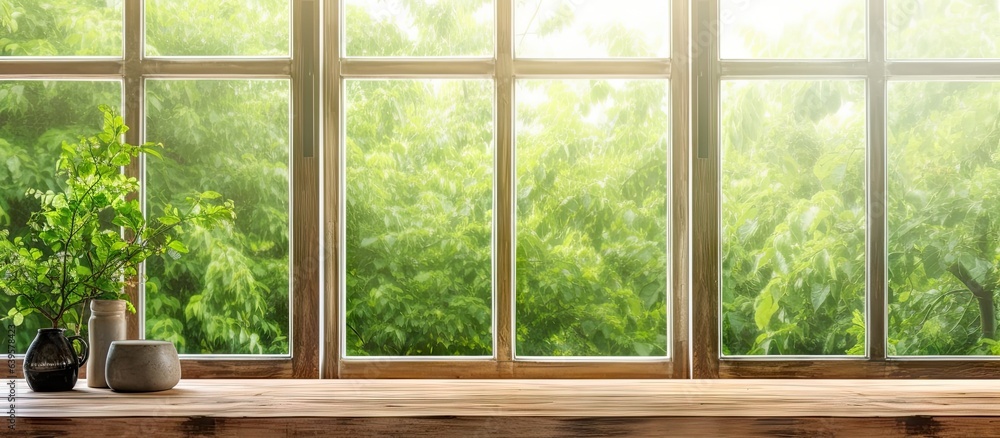 Nature glimpse. Sunlit window view with wooden table in old house. Vintage charm. Rustic serenity. Sunshine and greenery. Tranquil backdrop. Elegance in simplicity Nature glimpse. Sunlit window view with wooden table in old house. Vintage charm. Rustic serenity. Sunshine and greenery. Tranquil backdrop. Elegance in simplicity