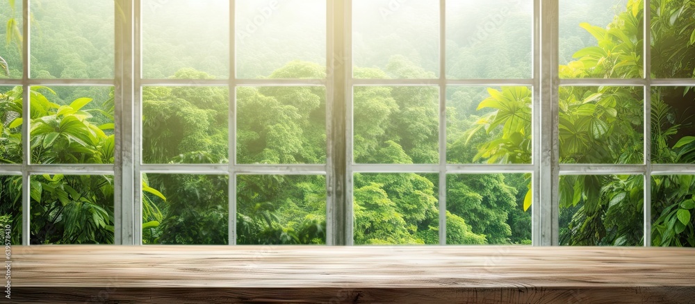 Nature glimpse. Sunlit window view with wooden table in old house. Vintage charm. Rustic serenity. Sunshine and greenery. Tranquil backdrop. Elegance in simplicity Nature glimpse. Sunlit window view with wooden table in old house. Vintage charm. Rustic serenity. Sunshine and greenery. Tranquil backdrop. Elegance in simplicity