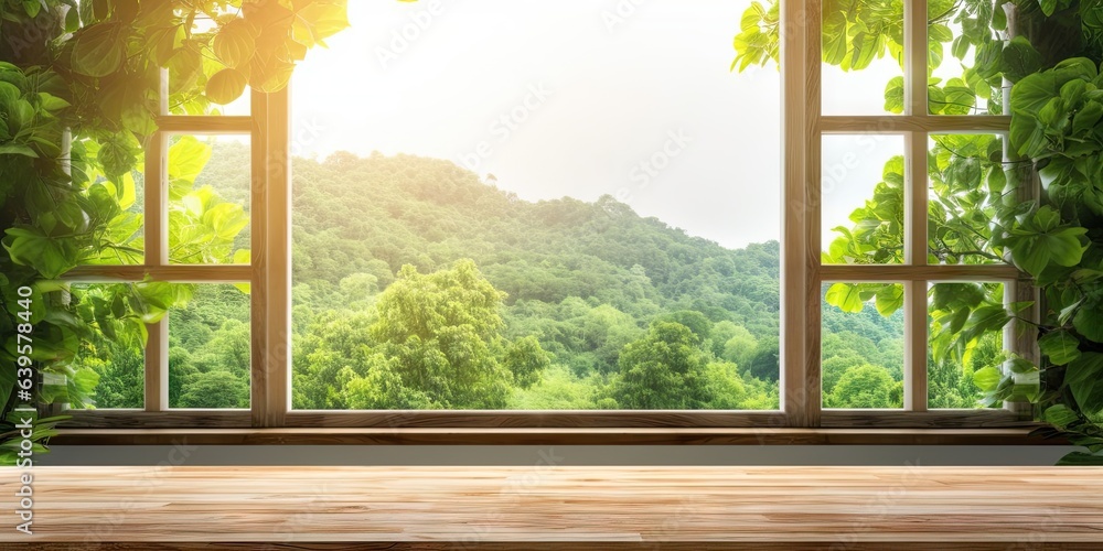 Fototapeta premium Nature glimpse. Sunlit window view with wooden table in old house. Vintage charm. Rustic serenity. Sunshine and greenery. Tranquil backdrop. Elegance in simplicity