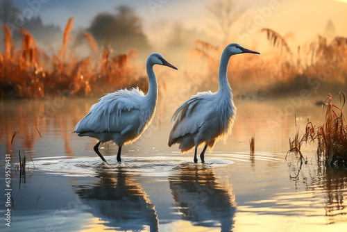 Pair of cranes in the swamp  in the morning light.