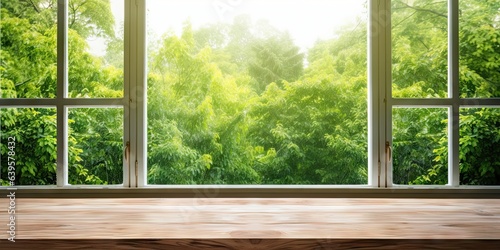 Nature glimpse. Sunlit window view with wooden table in old house. Vintage charm. Rustic serenity. Sunshine and greenery. Tranquil backdrop. Elegance in simplicity