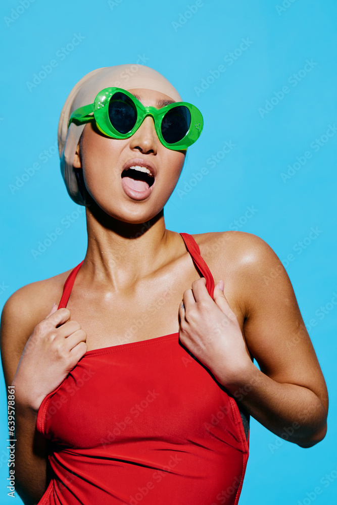 Sunglasses woman swimsuit smile trendy surprised summer beauty fashion portrait hat casual