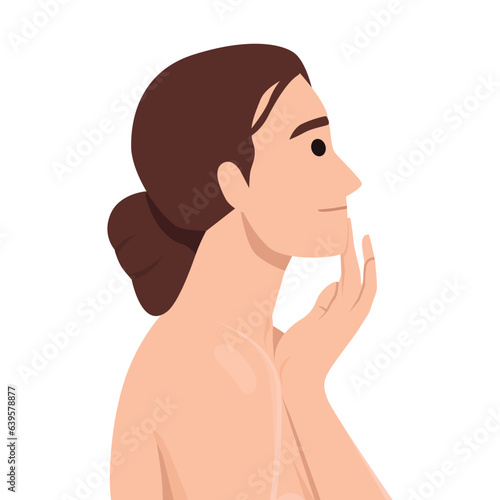 Woman Face Profile. Beautiful Girl Portrait Side view isolated White. Beauty Model pointing with Finger on Perfect Chin and Neck. Facial Lifting Massage.