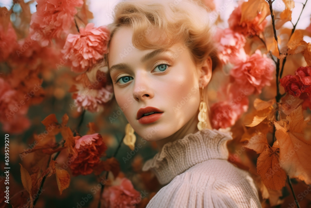 portrait of a woman/model/book character in autumn colours cottage core leafs October setting in a fashion/beauty editorial magazine style film photography look - generative ai art portrait of a woman/model/book character in autumn colours cottage core leafs October setting in a fashion/beauty editorial magazine style film photography look - generative ai art