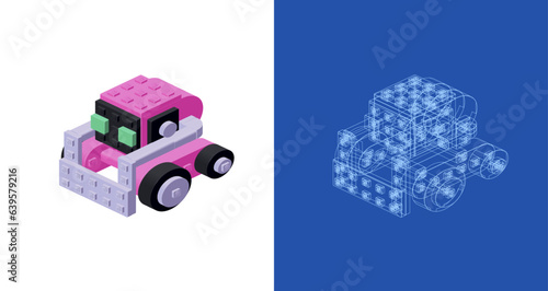 Concept with cute robot in isometric style for print and decoration . Vector illustration.