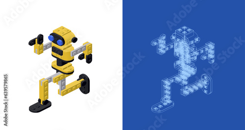 Concept with a dancing robot in isometric style for print and decoration. Vector illustration.