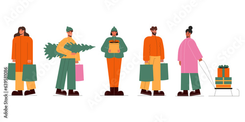 Happy Merry people carrying  shopping bags, christmas tree, and gift boxes. Men and women preparing presents for christmas and New Year.  Vector flat illustration in cartoon style.