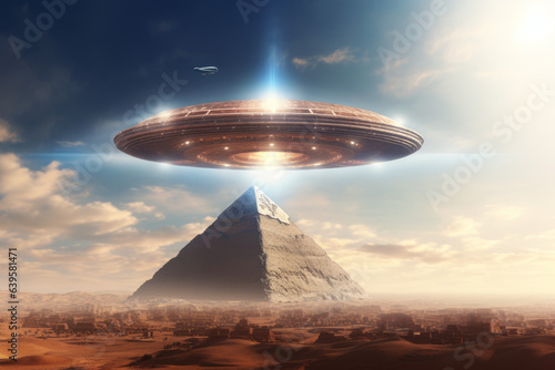 UFO hovering on top of Egyptian pyramid