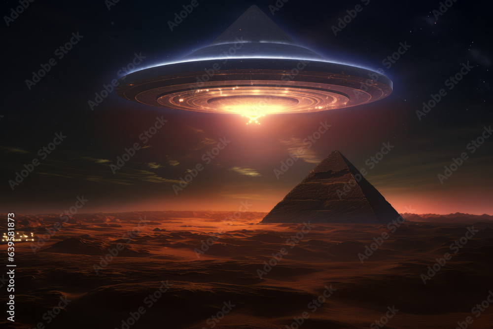 UFO hovering on top of Egyptian pyramid UFO hovering on top of Egyptian pyramid