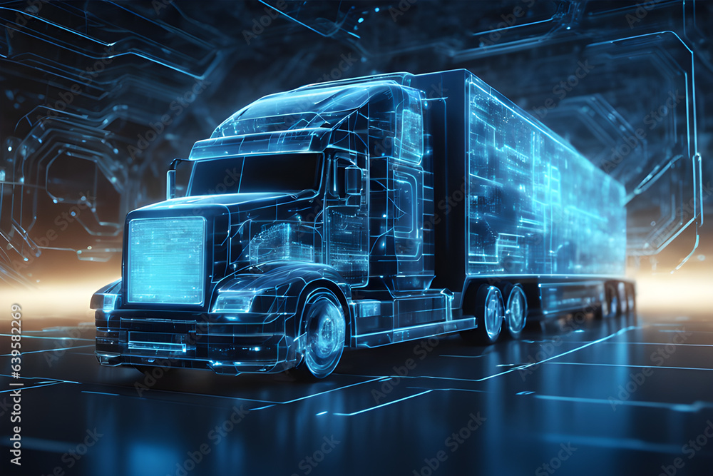 Tractor truck. 3d illustrator rendering lorry van. Highway road. futuristic city dark blue background. Transportation, logistics shipping concept. Digital polygonal hologram.AI Generated Tractor truck. 3d illustrator rendering lorry van. Highway road. futuristic city dark blue background. Transportation, logistics shipping concept. Digital polygonal hologram.AI Generated