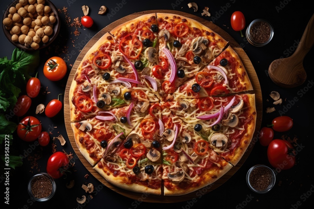 Delicious fresh sliced pizza on wooden pizza board top view on dark background with vegetables and spices